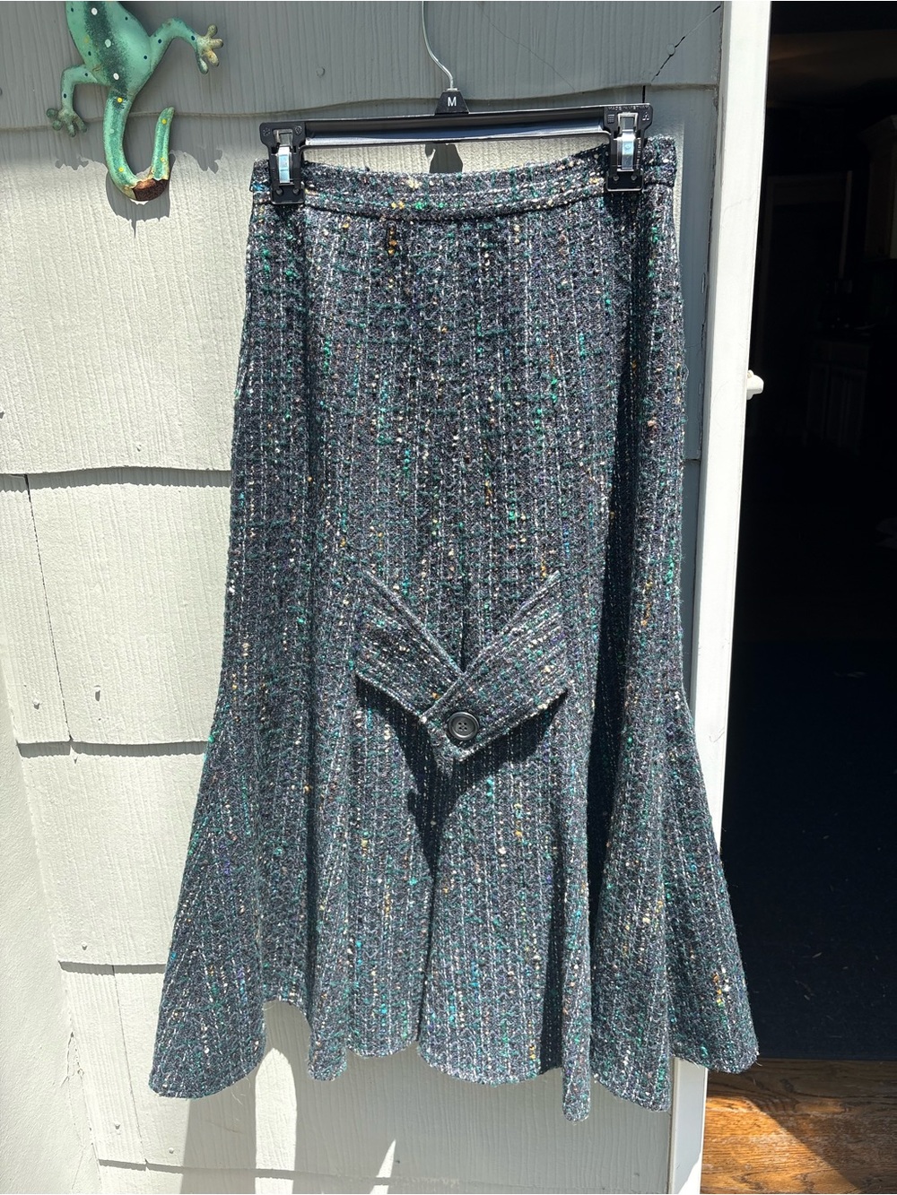 Textured Tweed Midi Skirt with Center Button Detail - Navy with Teal Speckle